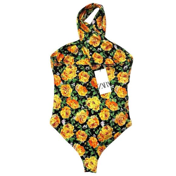 Zara High Halter Neck Twist Ruched Floral Stretch Bodysuit Yellow small NWT 🌼 - Picture 4 of 9